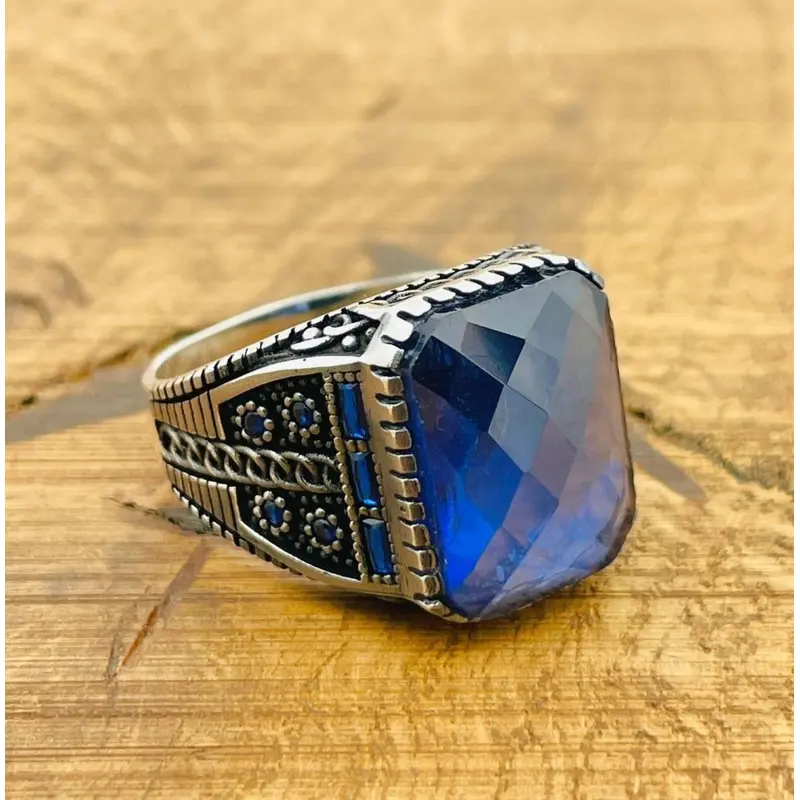 Men's Handcrafted Turkish 925 Sterling Silver Blue Zircon Ring - Ottoman Style Statement Jewelry