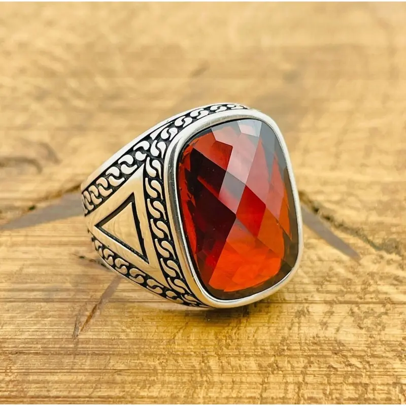 Men's Handcrafted Turkish 925 Sterling Silver Ring | Vintage Square Red Zircon
