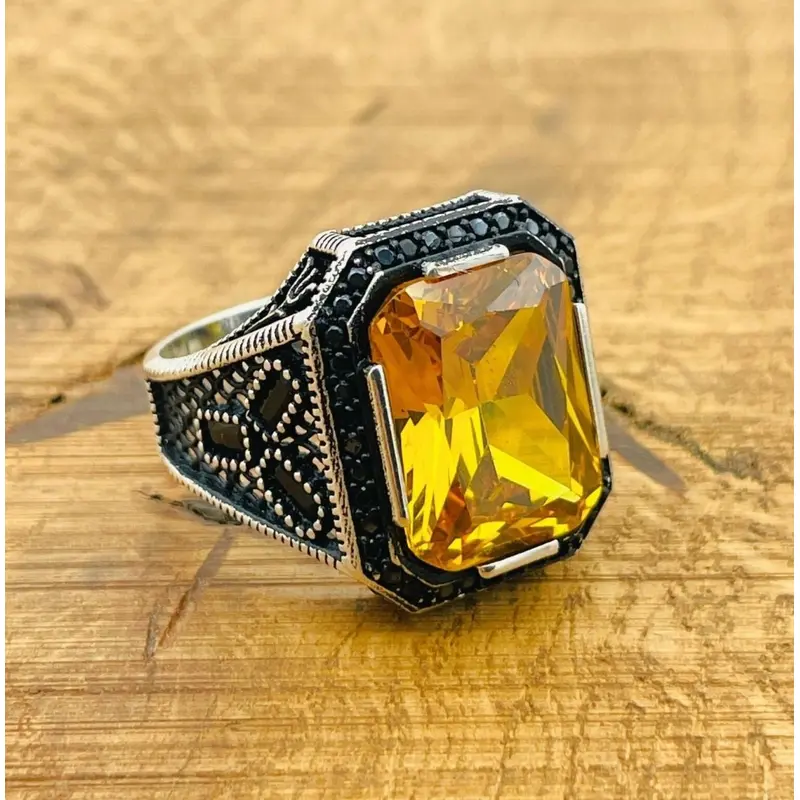 Men's Handmade 925 Sterling Silver Citrine Ring | Ottoman Style Square Gemstone