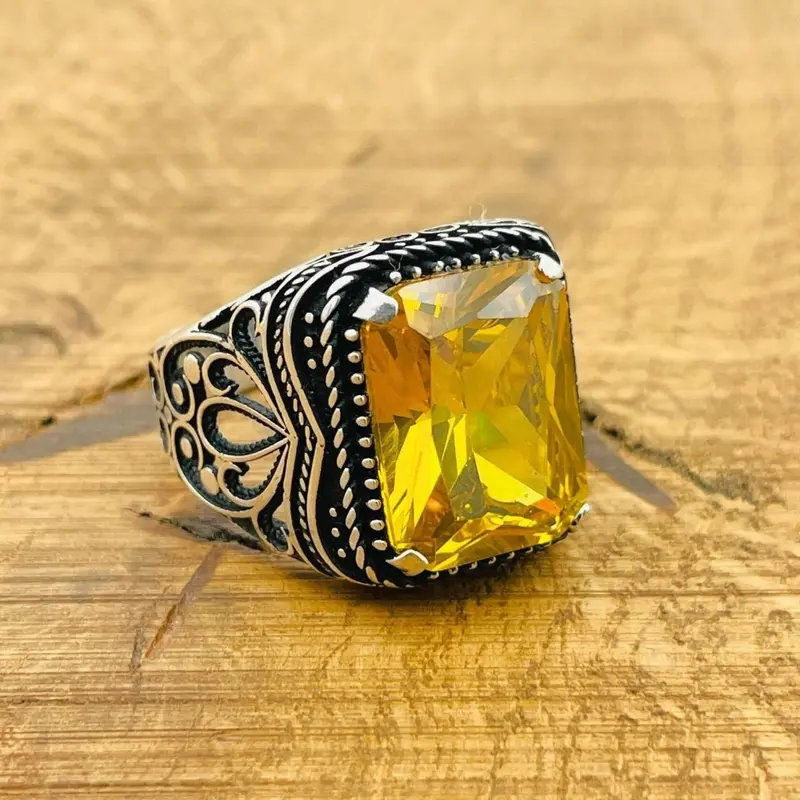 Men's Handmade Sterling Silver Citrine Ring | Square Gemstone Turkish Artisan Jewelry
