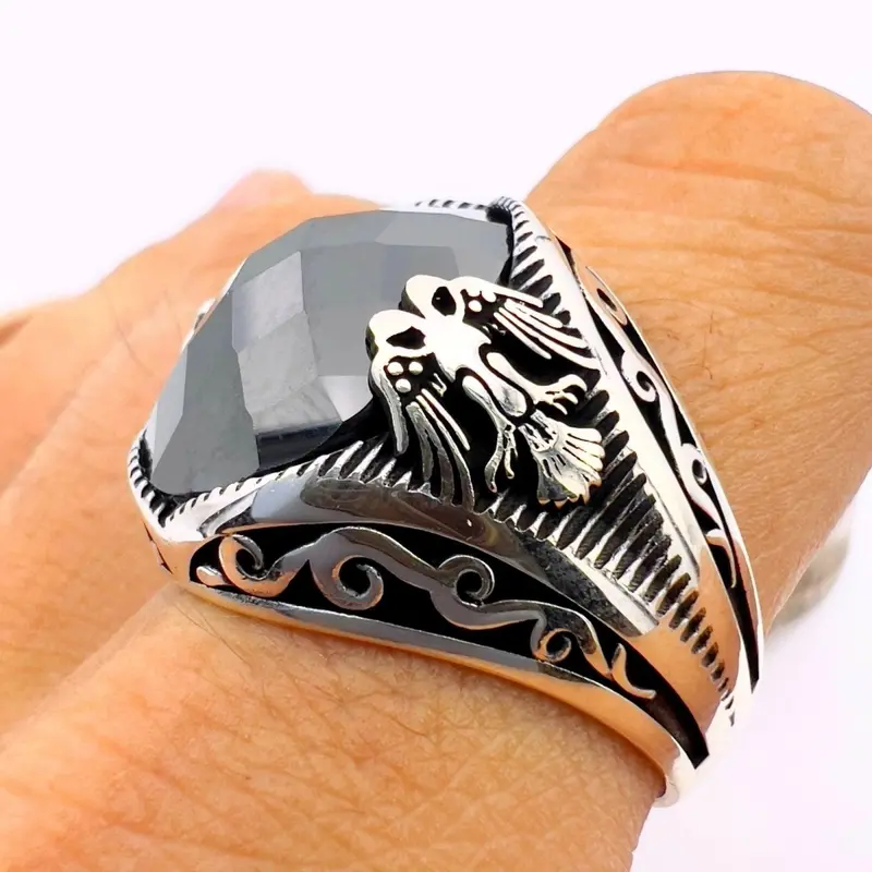 Men's Handmade Turkish 925 Sterling Silver Double-Headed Eagle Onyx Ring