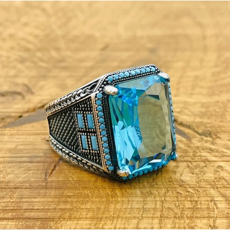 Men's Handmade Turkish Aquamarine Baguette Ring | 925 Sterling Silver Blue Gemstone Gift