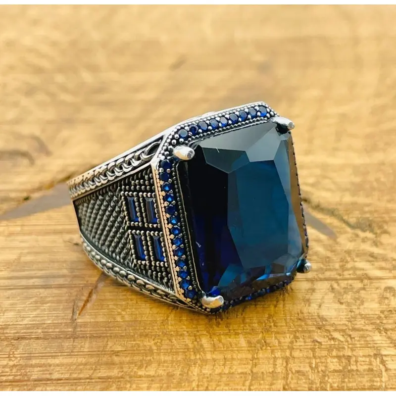 Men's Handmade Turkish Blue Sapphire 925 Sterling Silver Ring