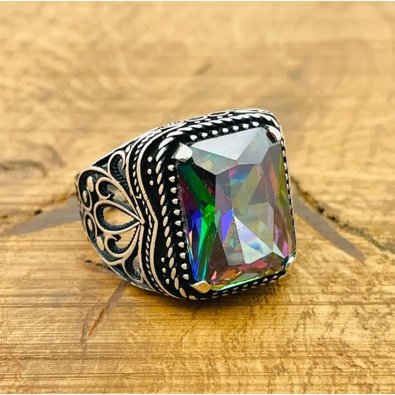 Men's Handmade Turkish Sterling Silver Mystic Topaz Ring - Multi-Color Square Gemstone