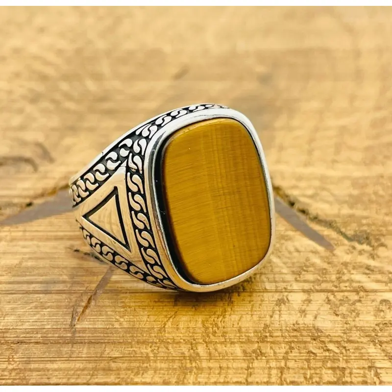 Men's Ottoman Design Tiger's Eye Ring - Handmade 925 Sterling Silver Turkish Jewelry Gift for Him