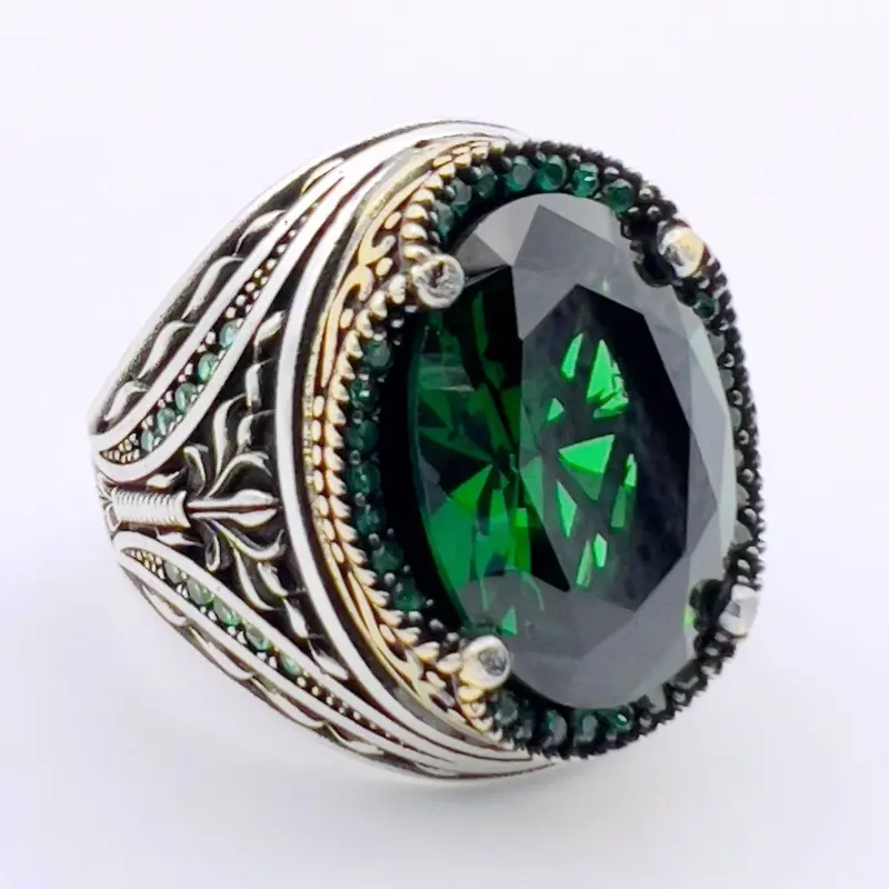 Men's Ottoman Inspired Emerald Ring | Handmade 925 Sterling Silver Turkish Jewelry