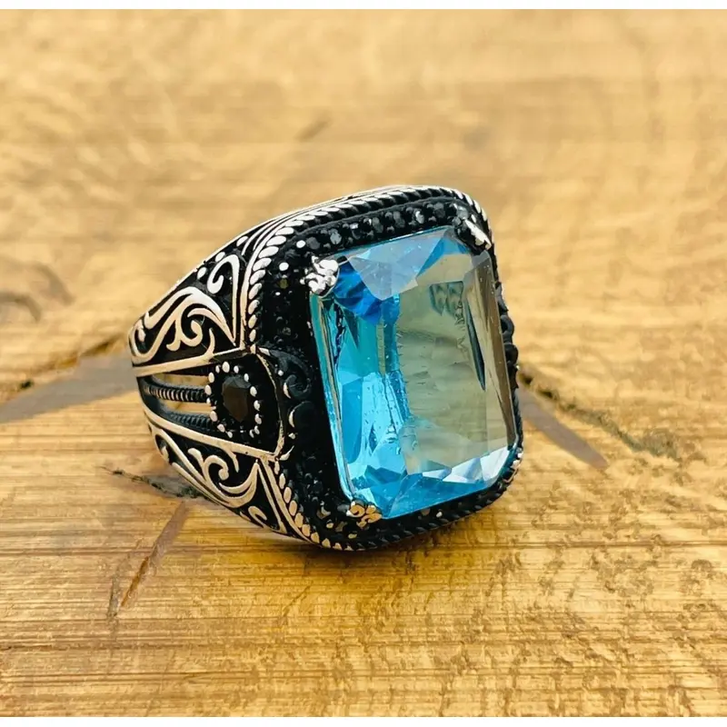 Men's Ottoman Style Square Aquamarine Ring - Handmade 925 Sterling Silver