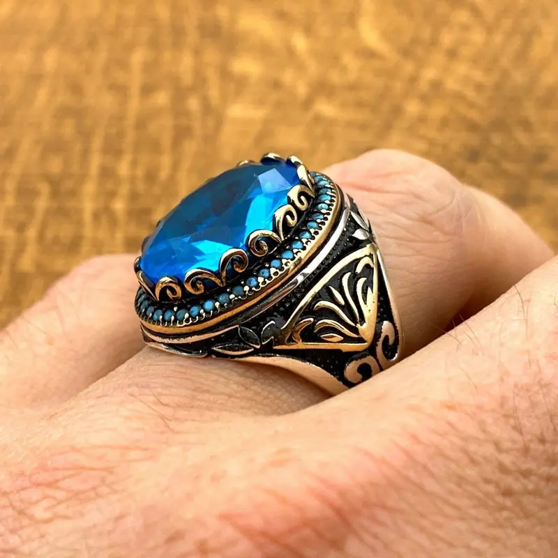 Men's Premium Handmade Turkish 925 Sterling Silver Oval Aquamarine Ring