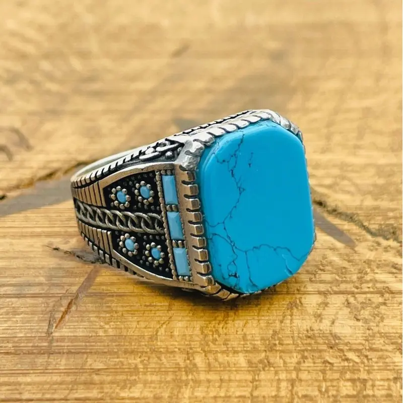 Men's Turkish Handmade 925 Sterling Silver Natural Turquoise Square Gemstone Ring