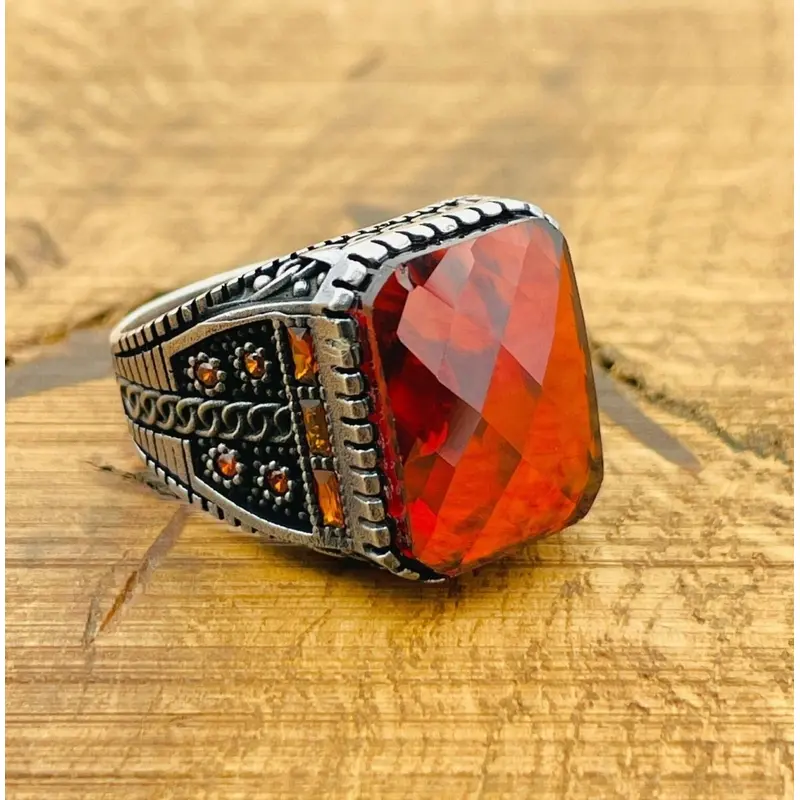 Men's Turkish Handmade 925 Sterling Silver Red Zircon Ring - Ottoman Square Design