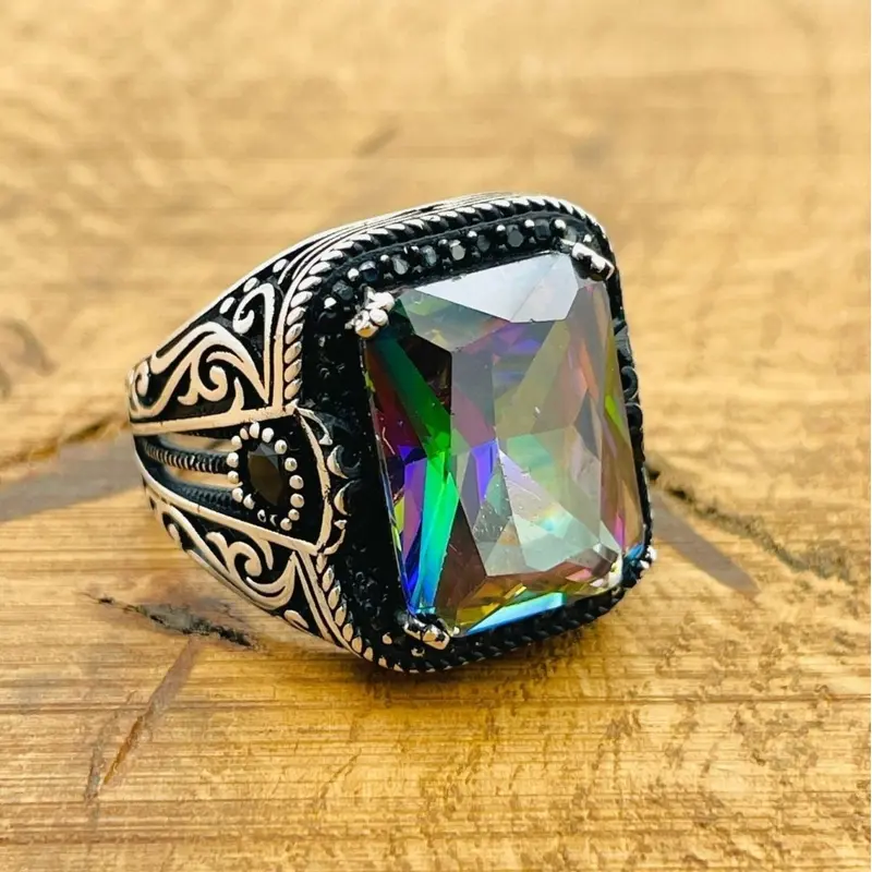 Men's Turkish Handmade 925 Sterling Silver Square Mystic Topaz Ring