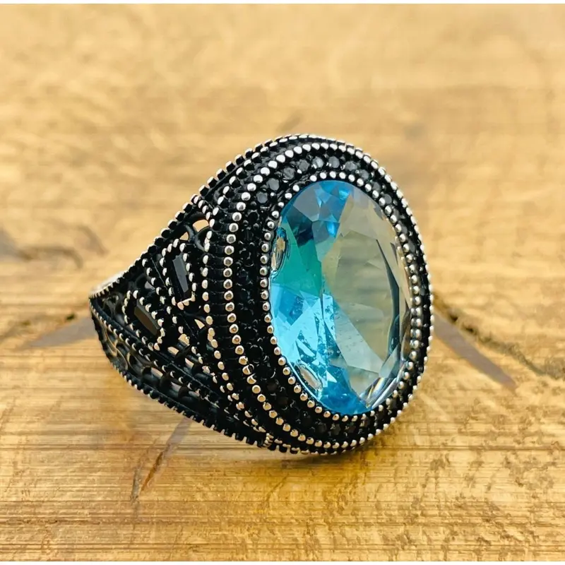 Men's Turkish Handmade Aquamarine 925 Sterling Silver Ring - Oval Blue Gemstone Gift