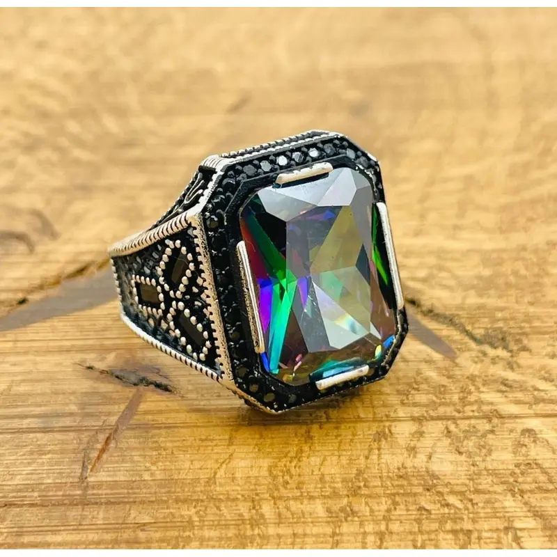 Men's Turkish Handmade Mystic Topaz 925 Sterling Silver Ring - Unique Square Design