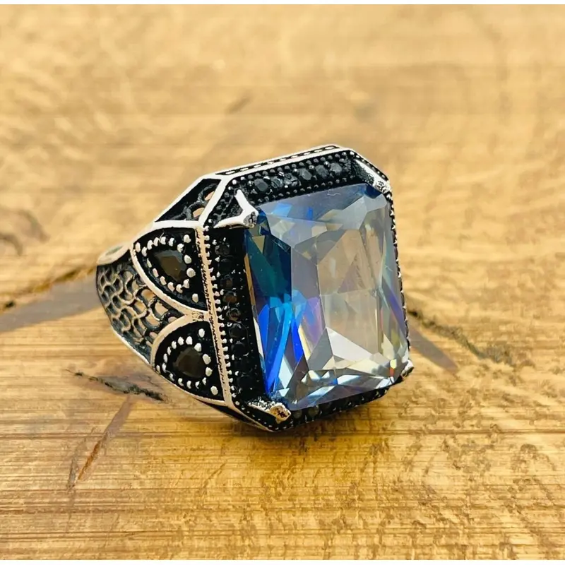 Men's Turkish Handmade Tanzanite 925 Sterling Silver Square Ring - Unique Gift