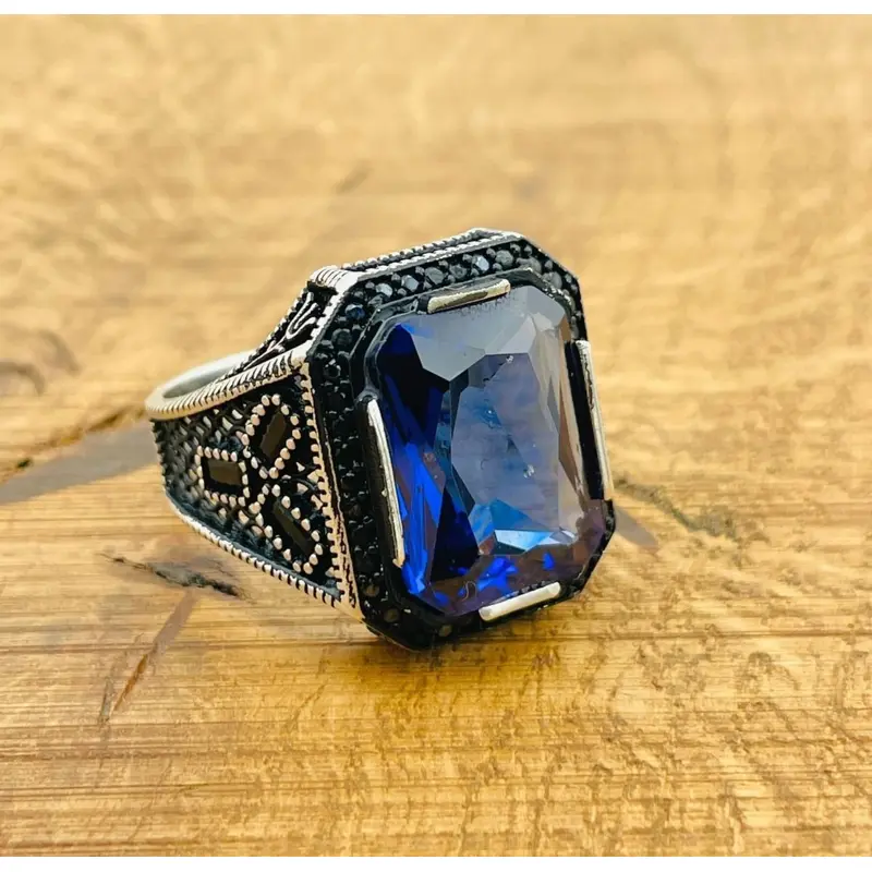 Men's Turkish Handmade Tanzanite Sterling Silver Ring - Square Blue Stone 925 Silver