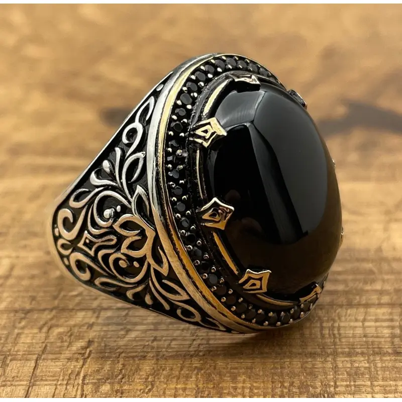 Premium Men's Sterling Silver Black Topaz Onyx Ring - Handcrafted Turkish Jewelry