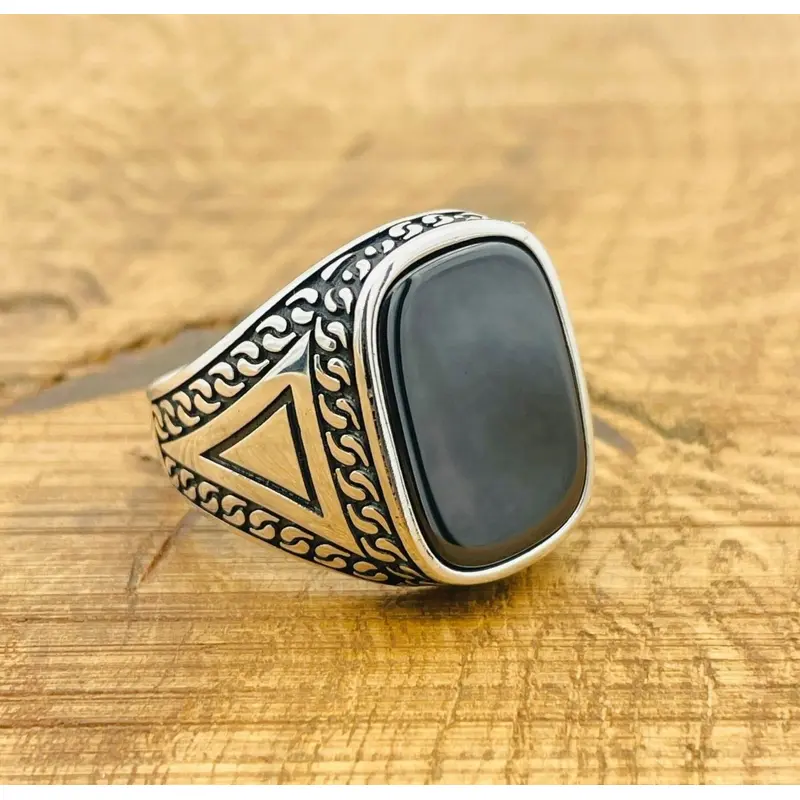 Sophisticated Men's Turkish Handmade 925 Sterling Silver Square Black Onyx Ring