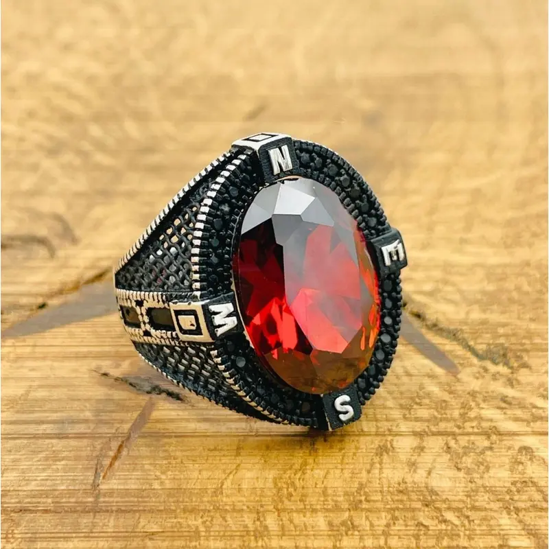 Turkish Handmade 925 Sterling Silver Men's Ruby Compass Ring - Unique Oval Gemstone