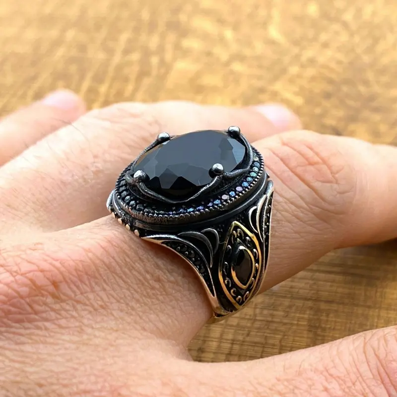 Turkish Handmade Men's 925 Sterling Silver Black Onyx Ring - Artisan Statement Jewelry Gift for Him