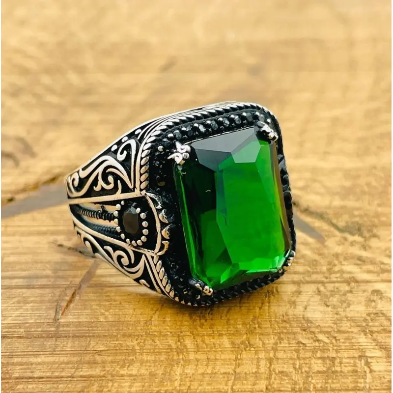 Turkish Handmade Men's 925 Sterling Silver Ring with Square Emerald Gemstone