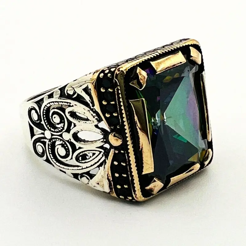 Turkish Handmade Men's Mystic Topaz 925 Sterling Silver Ring