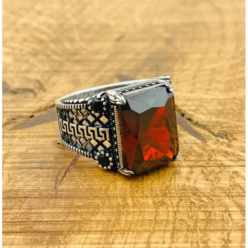 Artisan Men's Square Ruby Ring | Handcrafted 925 Sterling Silver with Turkish Flair