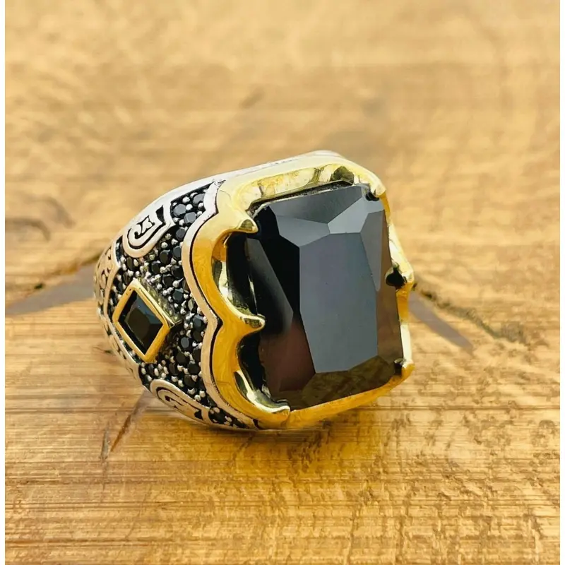 Authentic Men's Black Zircon 925 Sterling Silver Ring - Handcrafted, Modern Square Design & Gift Boxed