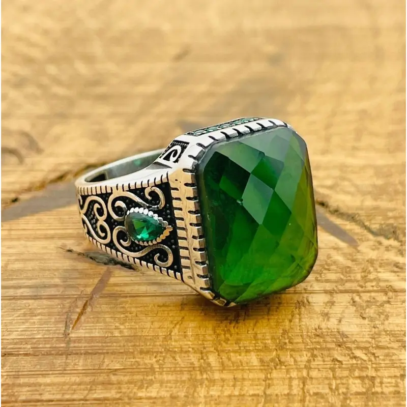 Authentic Turkish 925 Sterling Silver Men's Green Zircon Statement Ring
