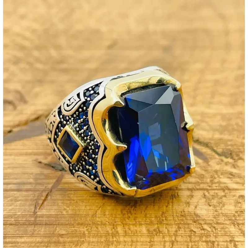 Authentic Turkish Handmade 925 Sterling Silver Men's Blue Sapphire Ring