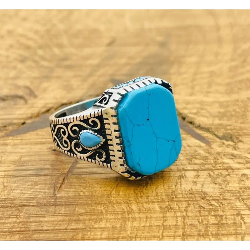 Authentic Turkish Handmade Men's 925 Sterling Silver Ring - Square Blue Turquoise