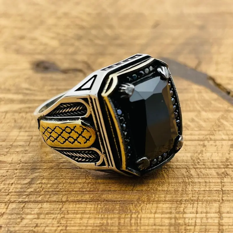 Authentic Turkish Handmade Men's Black Onyx 925 Sterling Silver Square Statement Ring