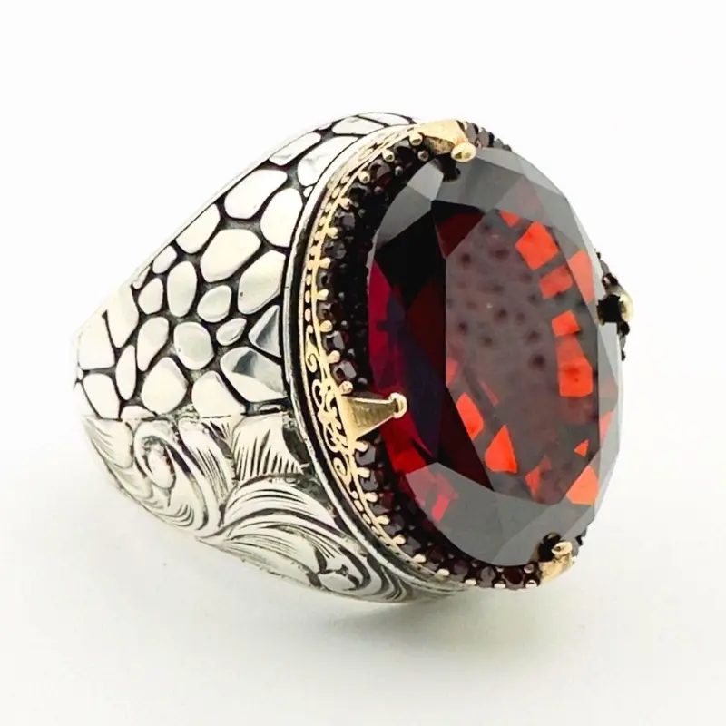 Authentic Turkish Men's Ruby Ring | Handcrafted 925 Sterling Silver Ottoman Jewelry