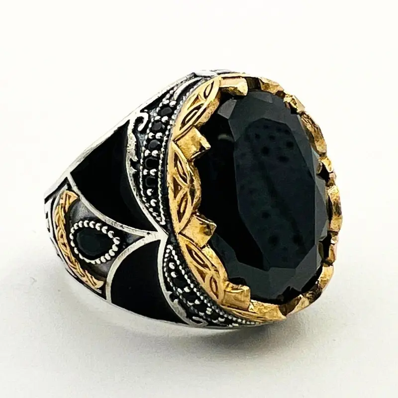 Handcrafted Men's Ottoman-Style 925 Sterling Silver Black Onyx Ring