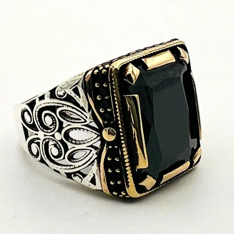 Handcrafted Men's Ottoman-Style 925 Sterling Silver Ring with Natural Black Onyx Stone