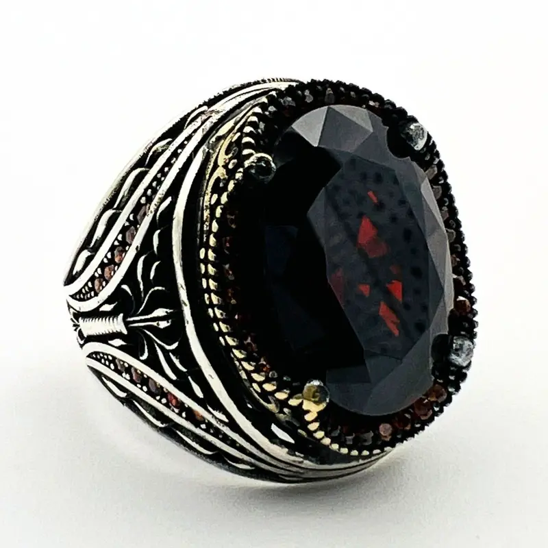Handcrafted Ottoman Style 925 Sterling Silver Men's Ring with Ruby Garnet Stone