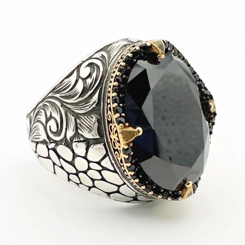Handcrafted Ottoman Style Men's 925 Sterling Silver Ring with Genuine Oval Black Onyx