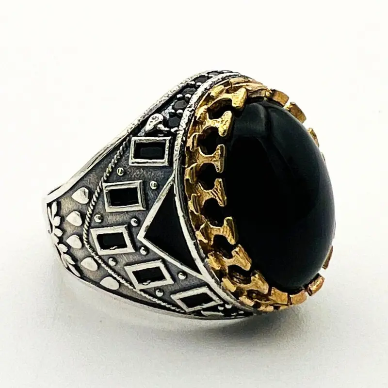 Handcrafted Ottoman Style Men's Oval Black Onyx 925 Sterling Silver Ring