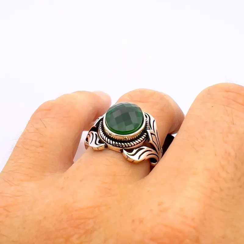 Handcrafted Turkish Men's 925 Sterling Silver Emerald Ring - Authentic Ottoman Style