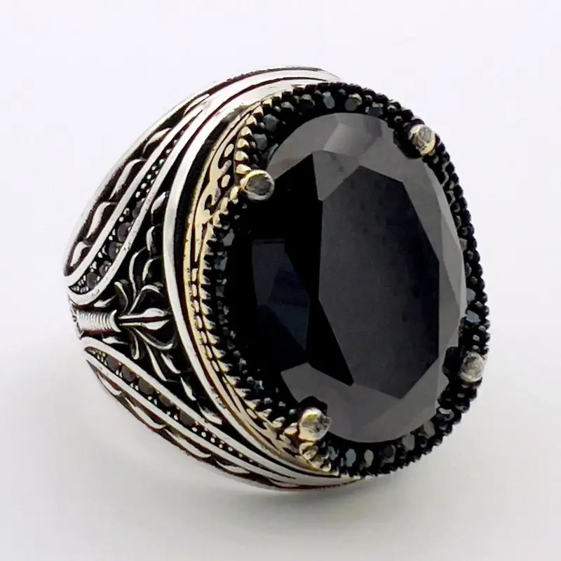 Handmade Turkish Men's 925 Sterling Silver Ring | Vibrant Green Emerald Statement Jewelry