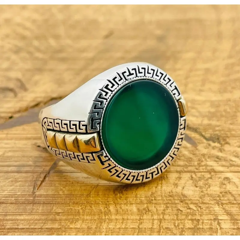 Men's Authentic Turkish Green Aqeeq Agate 925 Sterling Silver Ring