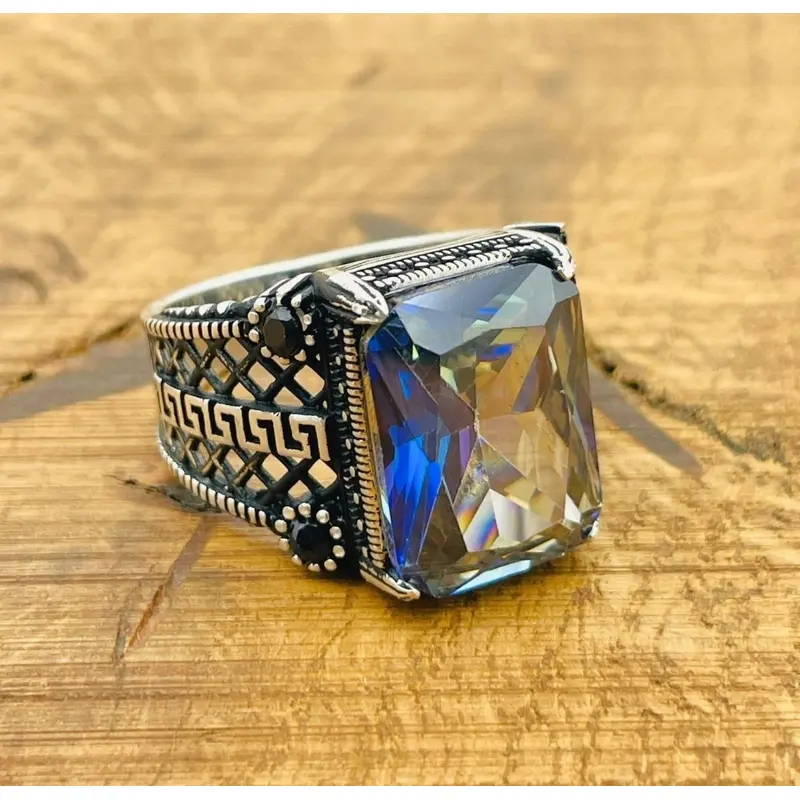 Men's Exquisite Tanzanite 925 Sterling Silver Ring - Handcrafted Ottoman Design