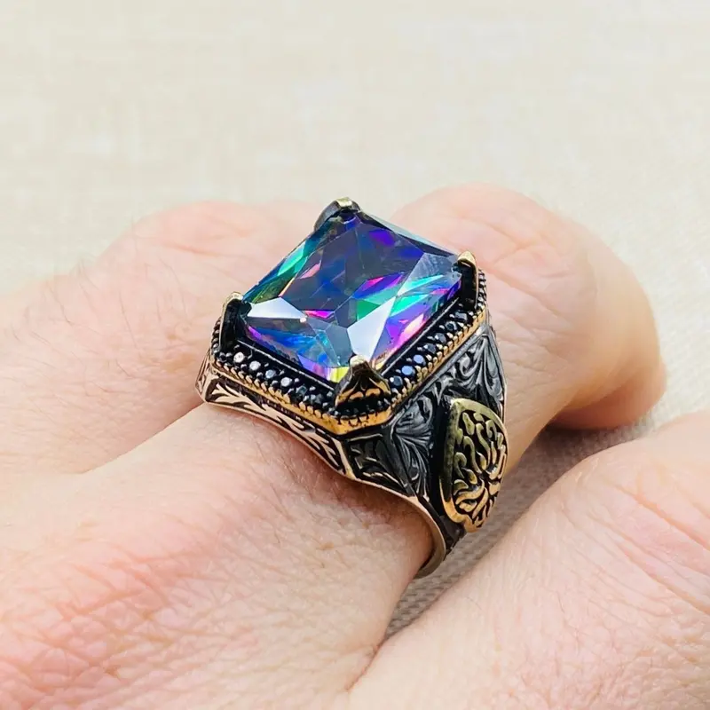 Men's Handcrafted Ottoman Style Mystic Topaz 925 Sterling Silver Ring - Unique Statement Gift