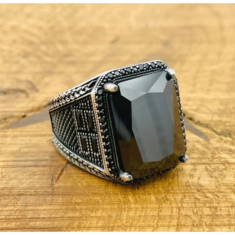 Men's Handcrafted Turkish 925 Sterling Silver Black Zircon Ring