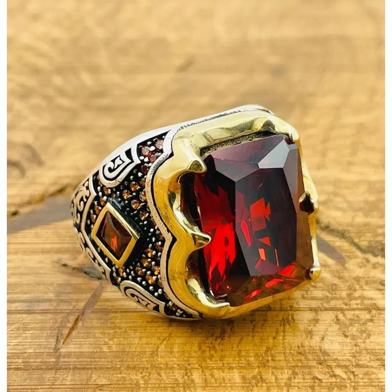 Men's Handcrafted Turkish 925 Sterling Silver Ruby Ring - Bold Red Stone Jewelry
