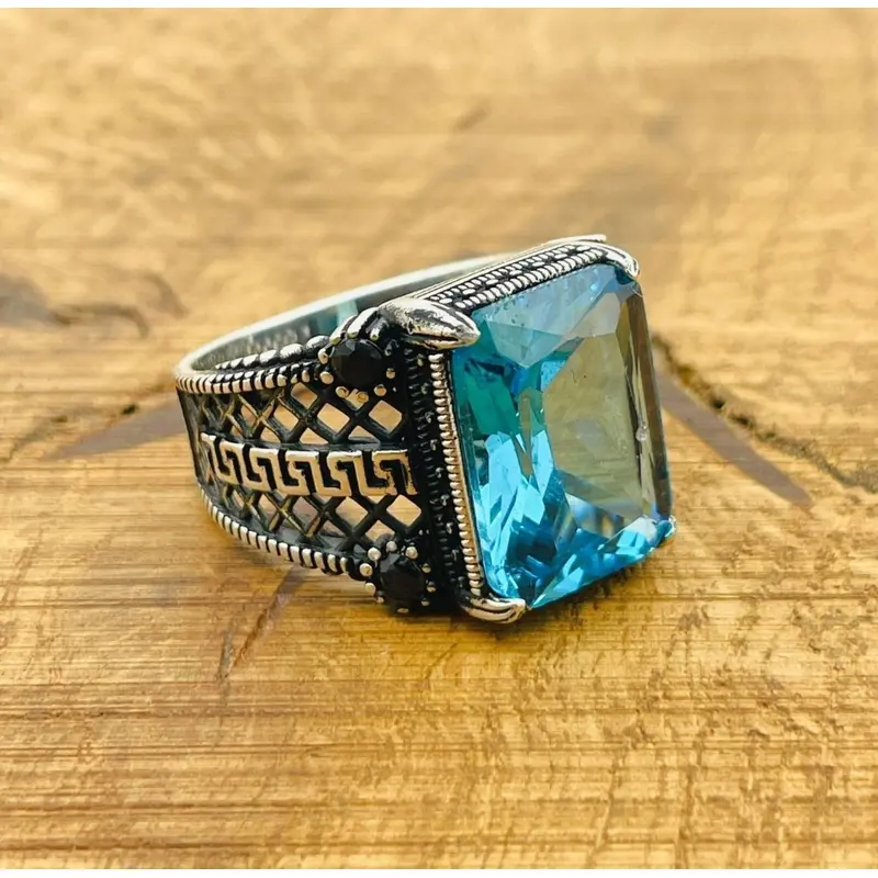 Men's Handmade Turkish Aquamarine Ring - 925 Sterling Silver Blue Stone Jewelry Gift for Him