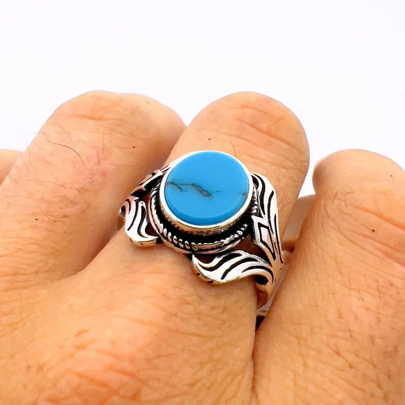 Men's Ottoman Style Blue Zircon 925 Sterling Silver Ring | Handmade Gift for Him