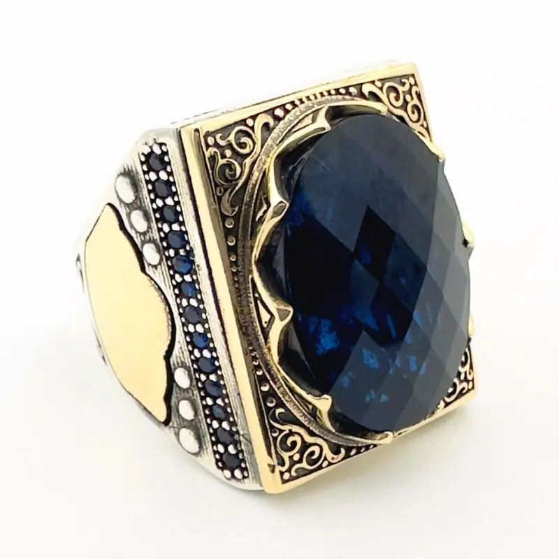 Men's Ottoman Style Blue Zircon 925 Sterling Silver Ring | Statement Gift for Him