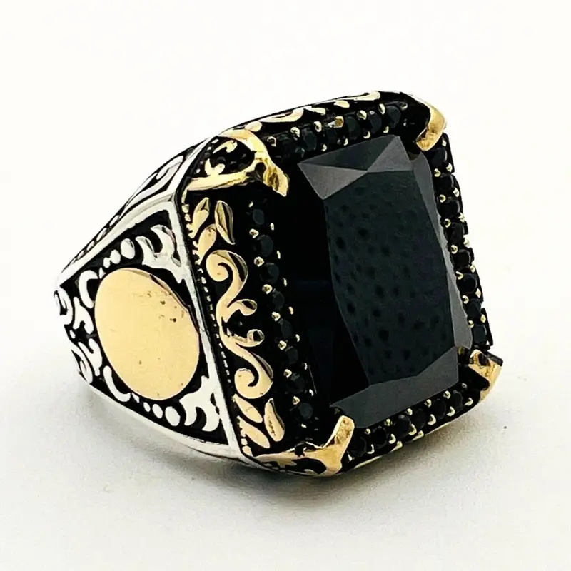 Men's Ottoman Style Embroidered 925 Sterling Silver Ring with Black Onyx | Vintage Handmade Statement Jewelry