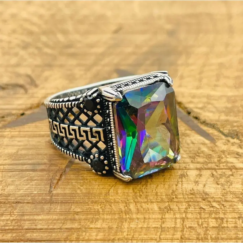 Men's Turkish Handmade Mystic Topaz Ring - 925 Sterling Silver, Multicolor Gemstone