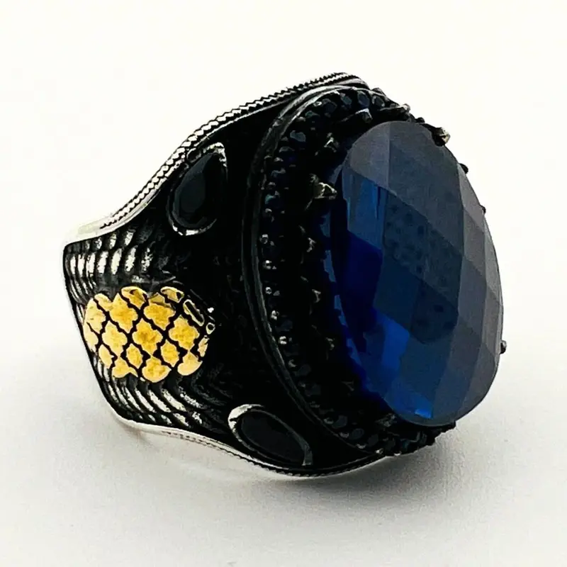 Men's Turkish Handmade Ottoman Blue Sapphire 925 Sterling Silver Ring - Vintage Statement Gift